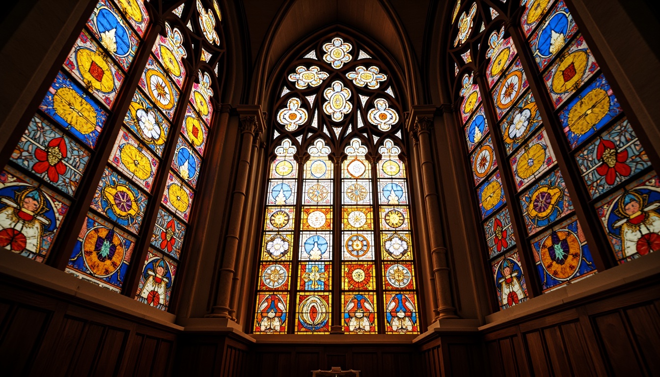 Prompt: Vibrant stained glass windows, kaleidoscope colors, intricate designs, Gothic architecture, ornate details, symmetrical patterns, rich textures, luxurious ambiance, warm golden lighting, soft diffused glow, shallow depth of field, 1/1 composition, realistic reflections, ambient occlusion.