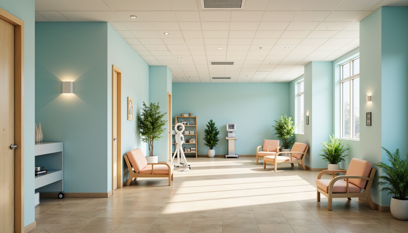 Prompt: Calming healthcare center, soothing color scheme, pastel blue walls, creamy white accents, warm beige floors, natural wood tones, gentle greenery, soft peach furnishings, calming aqua hues, serene yellow accents, minimalist decor, modern medical equipment, stainless steel surfaces, sterile ambiance, bright LED lighting, shallow depth of field, 1/2 composition, realistic textures.