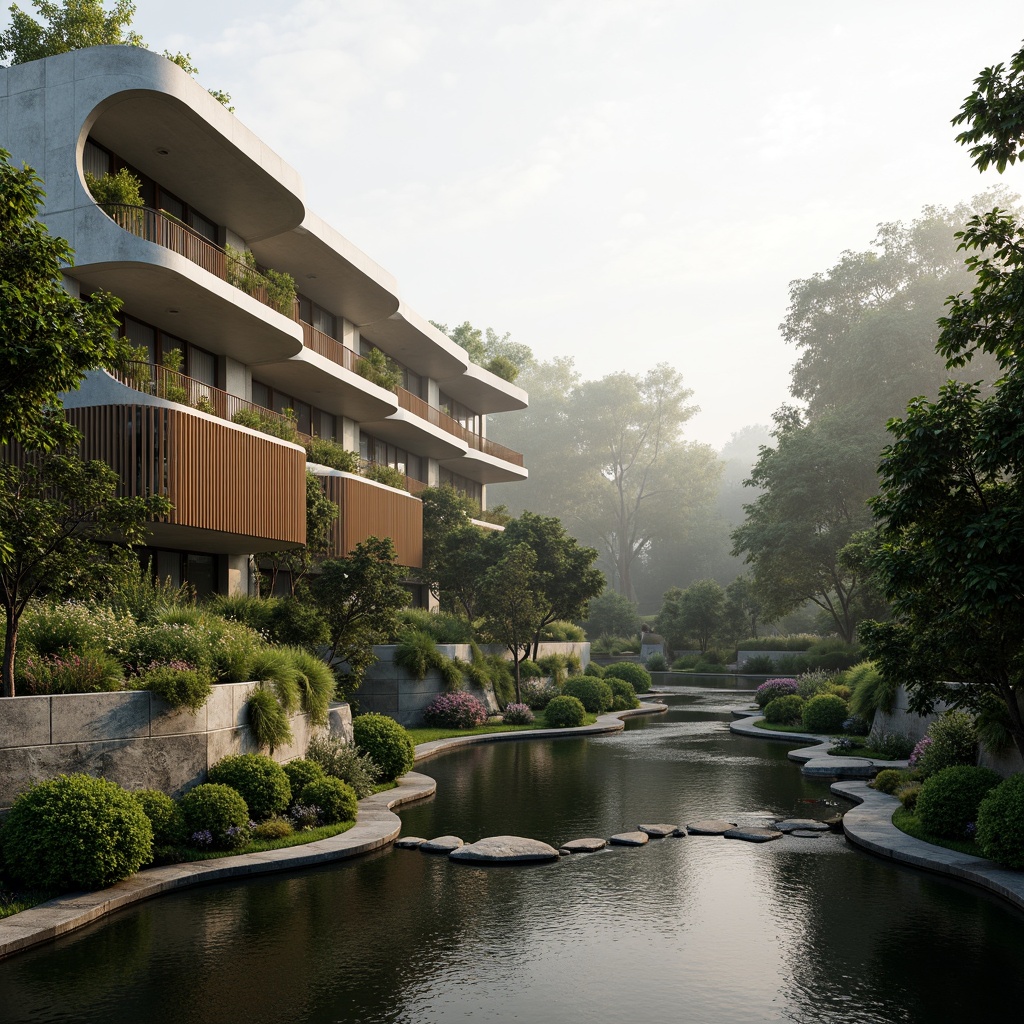 Prompt: Curved building silhouette, sleek modern architecture, integrated landscape design, lush green roofs, vertical gardens, natural stone walls, minimalist water features, serene pond reflections, surrounding forest views, misty morning atmosphere, soft warm lighting, shallow depth of field, 3/4 composition, panoramic view, realistic textures, ambient occlusion, organic shapes, flowing lines, harmonious color palette, eco-friendly materials, sustainable design solutions.