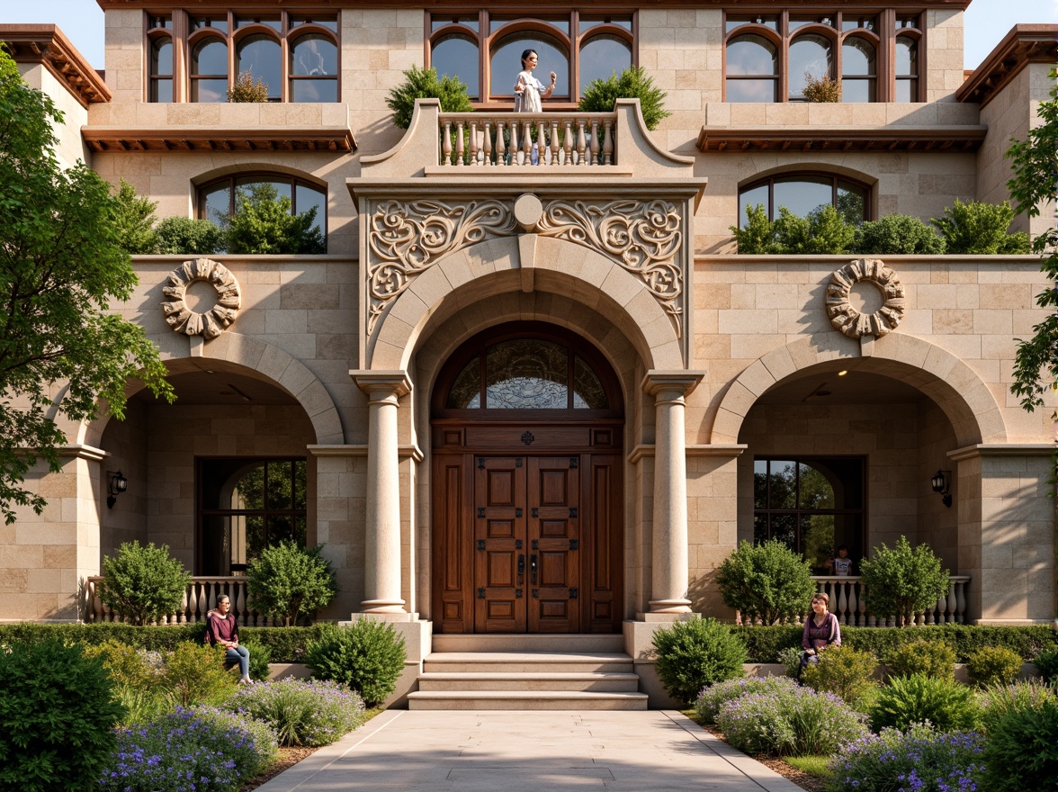 Prompt: Rustic school facade, Romanesque arches, ornate stone carvings, grand entranceways, heavy wooden doors, stained glass windows, intricate mosaics, earthy color palette, weathered stone walls, lush greenery, vibrant flowers, educational signage, ornamental ironwork, classical columns, symmetrical composition, warm natural lighting, shallow depth of field, 3/4 composition, realistic textures, ambient occlusion.