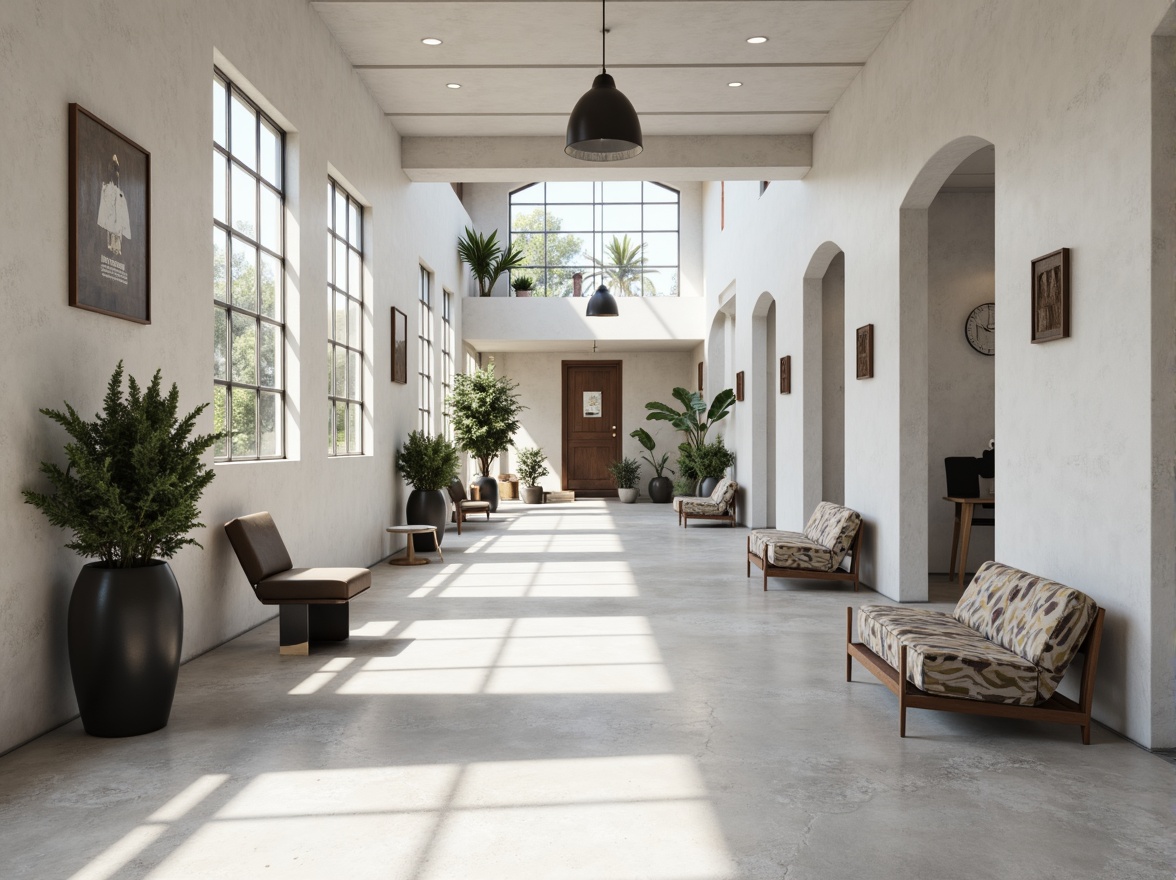 Prompt: Monochromatic student halls, clean lines, minimal ornaments, neutral color palette, soft gray tones, creamy whites, industrial chic concrete floors, matte black furniture, subtle wood accents, natural textiles, ample daylight, softbox lighting, 1/1 composition, symmetrical framing, realistic materials, ambient occlusion.