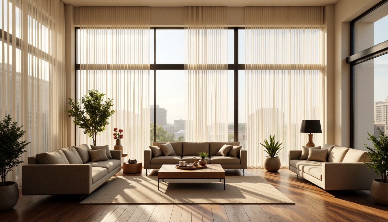 Prompt: Vibrant living room, floor-to-ceiling windows, sheer white curtains, warm natural light, soft shadows, comfortable seating area, wooden coffee table, plush sofas, greenery plants, modern minimalist decor, neutral color palette, subtle textures, 1/1 composition, shallow depth of field, realistic rendering.