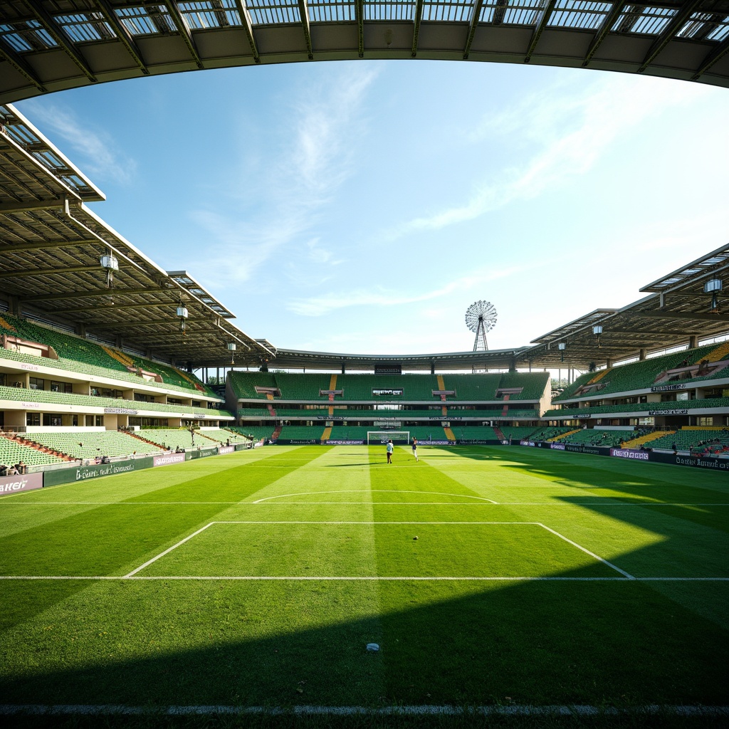 Prompt: Green soccer stadium, lush grass field, vibrant team colors, retractable roof, open-air design, natural ventilation systems, wind turbines, solar panels, green roofs, eco-friendly materials, innovative cooling technologies, shaded outdoor spaces, misting systems, curved architecture, steel beams, cantilevered structures, open concourses, panoramic views, warm sunny day, soft diffused lighting, shallow depth of field, 3/4 composition.