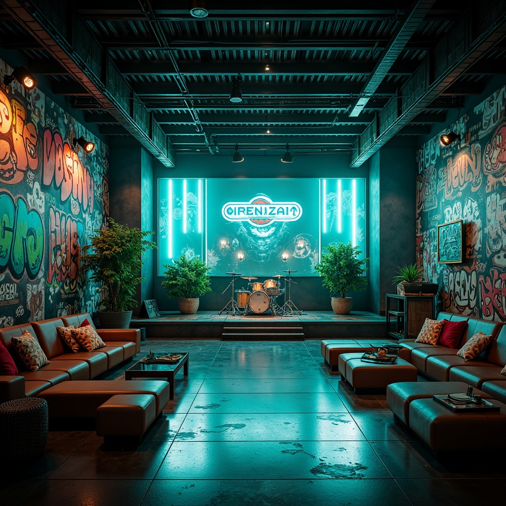 Prompt: Vibrant teal accents, neon lights, dynamic stage design, eclectic music instruments, graffiti walls, industrial metal beams, polished concrete floors, trendy lounge seating, retro-futuristic decor, edgy urban atmosphere, moody dim lighting, shallow depth of field, 1/1 composition, cinematic view, realistic textures, ambient occlusion.