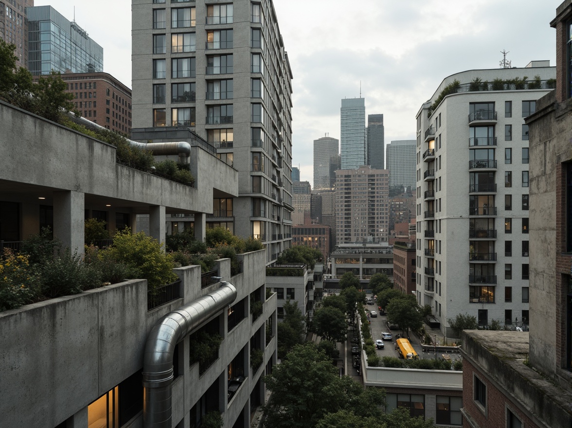 Prompt: Rugged brutalist buildings, imposing concrete structures, raw exposed ductwork, fortress-like walls, urban landscape integration, cityscape views, green roofs, rooftop gardens, living walls, vertical greening, industrial-style pipes, metallic accents, muted color palette, dramatic shadows, harsh natural light, abstract composition, 1/1 aspect ratio, high contrast lighting.