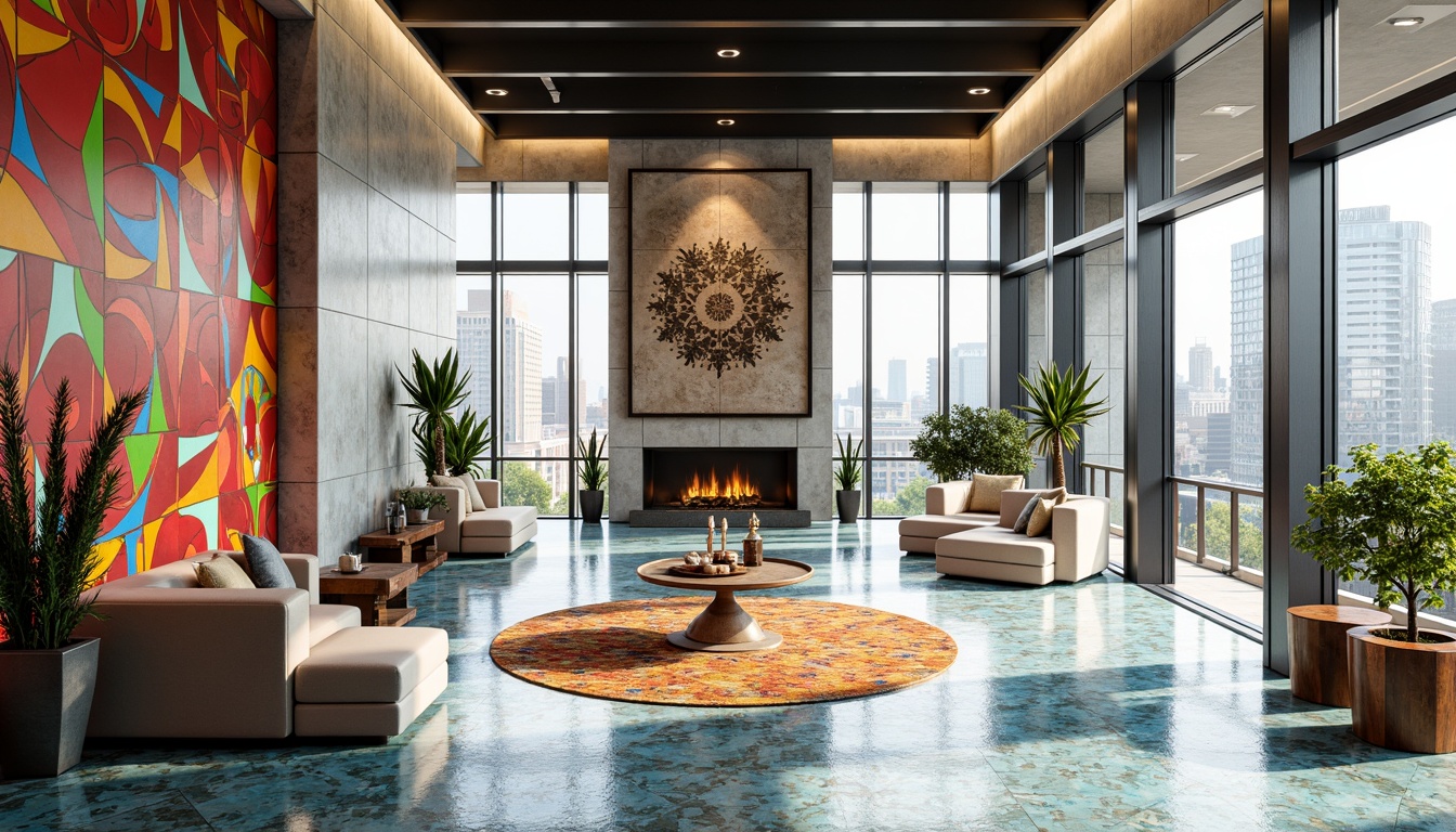 Prompt: Vibrant modern interior, intricate geometric motifs, bold Islamic-inspired patterns, bright colored tiles, luxurious marble floors, sleek minimalist furniture, abstract art pieces, natural light pouring in, large windows, urban cityscape view, contemporary architecture, 3D visual effects, atmospheric lighting, shallow depth of field, realistic textures, ambient occlusion.