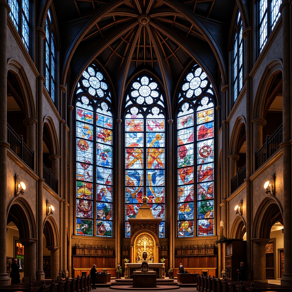 Prompt: Vibrant stained glass windows, Gothic cathedral architecture, intricate glass patterns, kaleidoscope colors, ornate metal frames, majestic vaulted ceilings, mystical ambiance, soft warm lighting, diffused natural light, ornate stone carvings, ancient symbolism, spiritual themes, mysterious atmosphere, Renaissance-inspired designs, grandiose scale, symmetrical composition, 1/1 aspect ratio, subtle gradations of color.