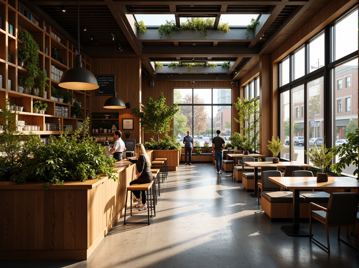 Prompt: Cozy coffee shop interior, warm wooden accents, large windows, glass doors, natural stone floors, minimalist decor, greenery walls, lush plants, skylights, clerestory windows, soft warm lighting, shallow depth of field, 3/4 composition, panoramic view, realistic textures, ambient occlusion, urban cityscape views, bustling street scenes, morning sunlight, afternoon warmth, comfortable seating areas, rustic wooden tables, industrial metal chairs.