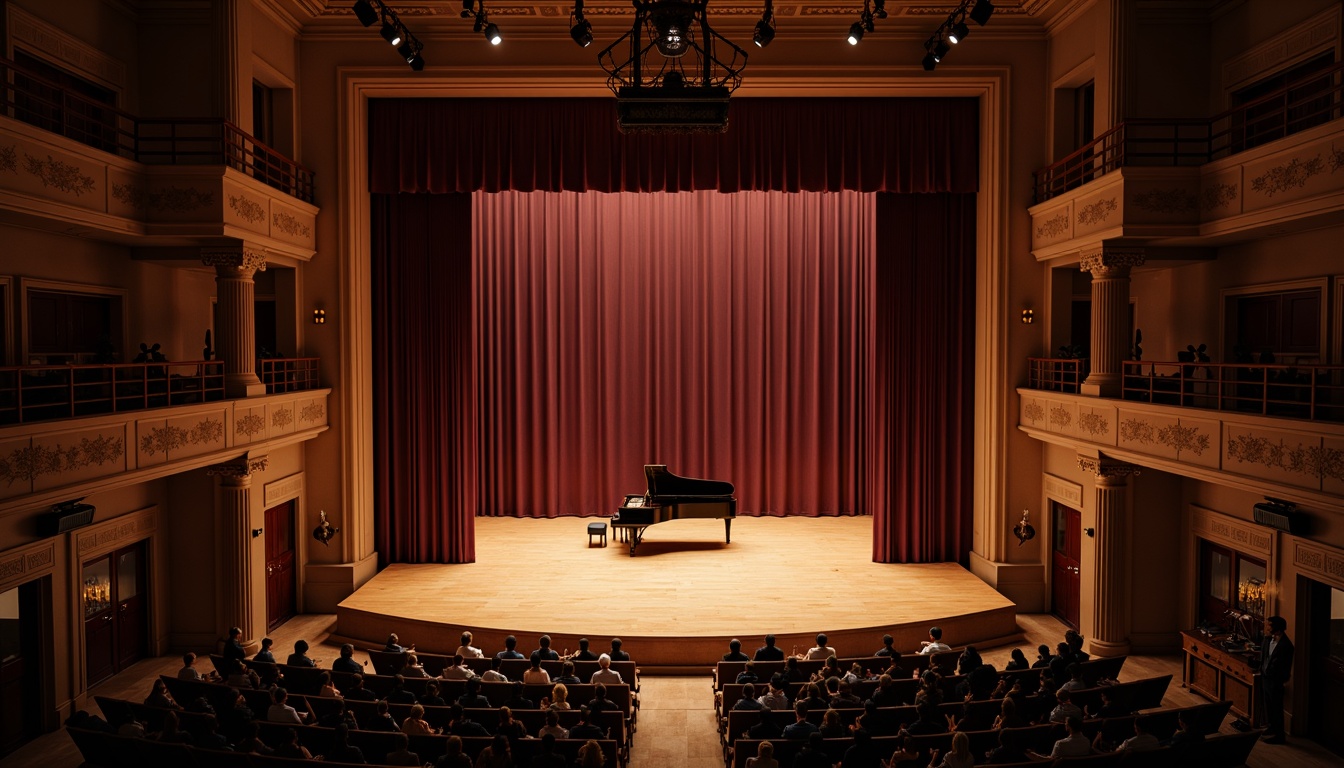 Prompt: Intimate concert hall, wooden stage, grand piano, velvet curtains, plush audience seating, sound-absorbing panels, acoustic diffusers, reverberation-enhancing architecture, warm ambient lighting, subtle color scheme, rich wood tones, ornate details, precise sound reflection, 1/2 composition, shallow depth of field, soft focus, realistic textures, ambient occlusion.