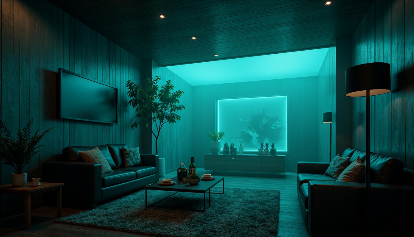 Prompt: Moody dark cyan walls, mysterious ambiance, futuristic neon lights, metallic accents, high-tech gadgets, sleek modern furniture, minimalist decor, abstract digital art, atmospheric mist, dramatic shadows, cinematic lighting, 1/1 composition, shallow depth of field, realistic reflections, ambient occlusion.