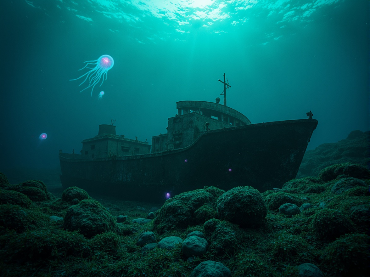 Prompt: Mysterious underwater scene, dark cyan hues, eerie bioluminescent creatures, glowing jellyfish, abandoned shipwreck, rusty metal debris, seaweed-covered rocks, misty ocean atmosphere, soft blue-green lighting, shallow depth of field, 1/2 composition, cinematic mood, realistic water textures, subtle ambient occlusion.