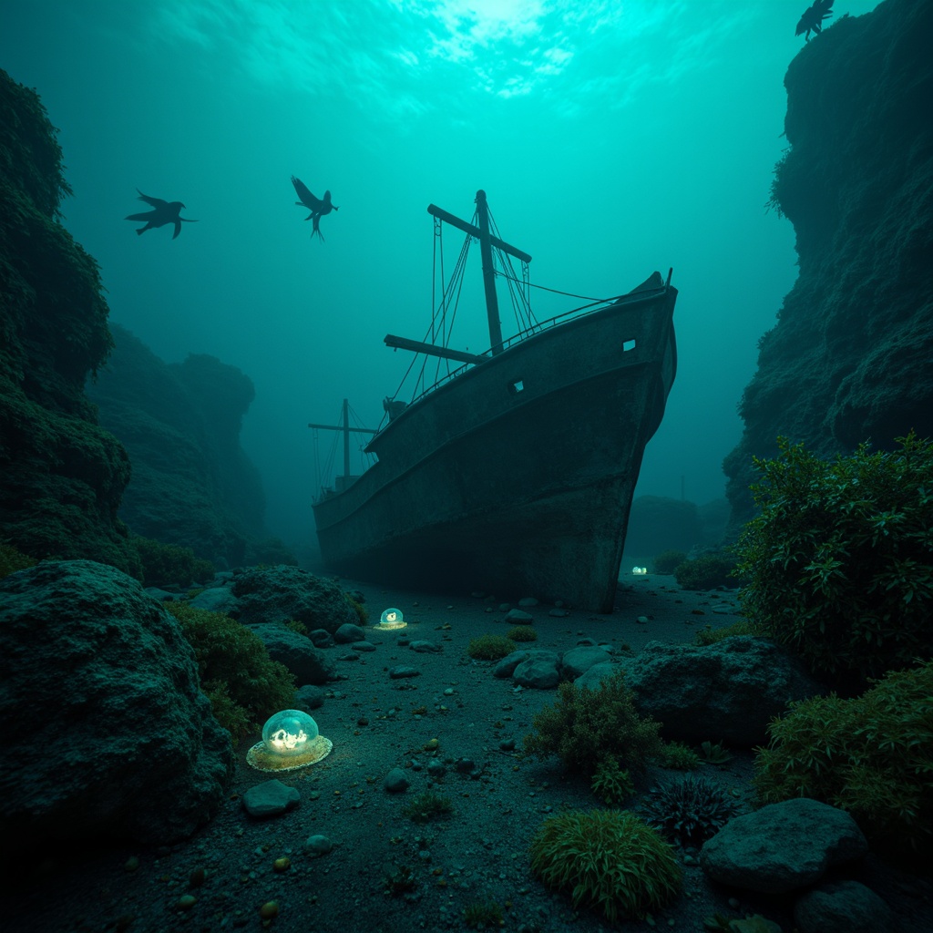 Prompt: Mysterious underwater scene, dark cyan hues, eerie bioluminescent creatures, glowing jellyfish, abandoned shipwreck, rusty metal debris, seaweed-covered rocks, misty ocean atmosphere, soft blue-green lighting, shallow depth of field, 1/2 composition, cinematic mood, realistic water textures, subtle ambient occlusion.