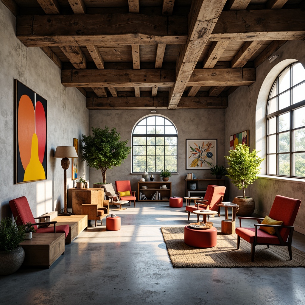 Prompt: Vibrant design studio, modern artistic space, eclectic furniture pieces, bold color accents, abstract artwork, industrial metal beams, polished concrete floors, natural light pouring in, warm cozy atmosphere, softbox lighting, 3/4 composition, shallow depth of field, realistic textures, ambient occlusion.