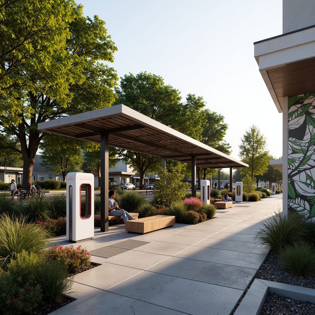 Prompt: \Sustainable charging station, lush greenery, native plants, solar panels, modern architecture, sleek metal canopy, natural stone pavement, vibrant street art, urban furniture, bike racks, pedestrian-friendly paths, soft warm lighting, shallow depth of field, 3/4 composition, panoramic view, realistic textures, ambient occlusion.\