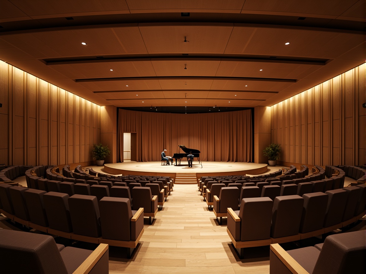 Prompt: Sleek auditorium interior, curved lines, minimalist design, premium sound quality, acoustic panels, wooden flooring, comfortable seating, tiered rows, intimate atmosphere, warm color scheme, subtle lighting, spotlights on stage, grand piano, professional audio equipment, soundproofing materials, optimized reverberation time, 1/2 composition, realistic textures, ambient occlusion.