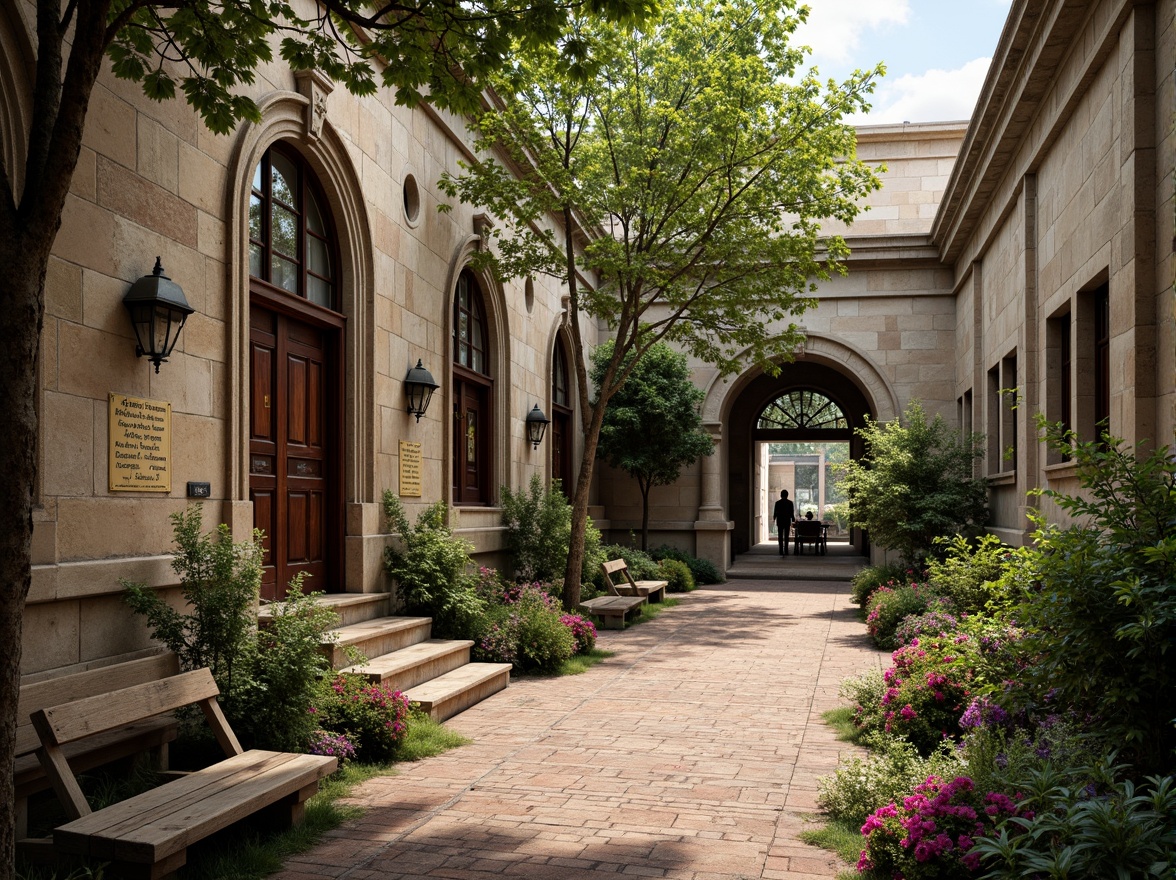 Prompt: Rustic school building, Romanesque style, weathered stone fa\u00e7ade, arched windows, ornate carvings, heavy wooden doors, worn brick pathways, lush greenery, vibrant flowers, educational signage, natural stone flooring, wooden benches, stained glass windows, warm soft lighting, shallow depth of field, 1/1 composition, realistic textures, ambient occlusion.