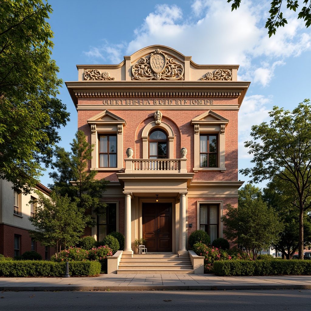 Prompt: Historic courthouse building, ornate brick facade, intricate masonry details, rusticated quoins, arched windows, grand entranceways, columned porticos, ornamental stonework, weathered red brick, ivy-covered walls, lush greenery, mature trees, sunny afternoon, soft warm lighting, shallow depth of field, 3/4 composition, realistic textures, ambient occlusion.