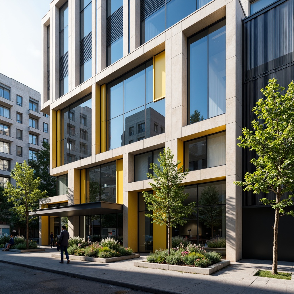 Prompt: Modern building facade, sleek glass surfaces, minimalist design, bold color accents, urban cityscape, morning sunlight, soft shadows, neutral beige tones, rich charcoal grays, deep blues, vibrant yellows, metallic silvers, industrial materials, concrete textures, geometric patterns, 3/4 composition, wide-angle lens, high contrast lighting, realistic reflections.