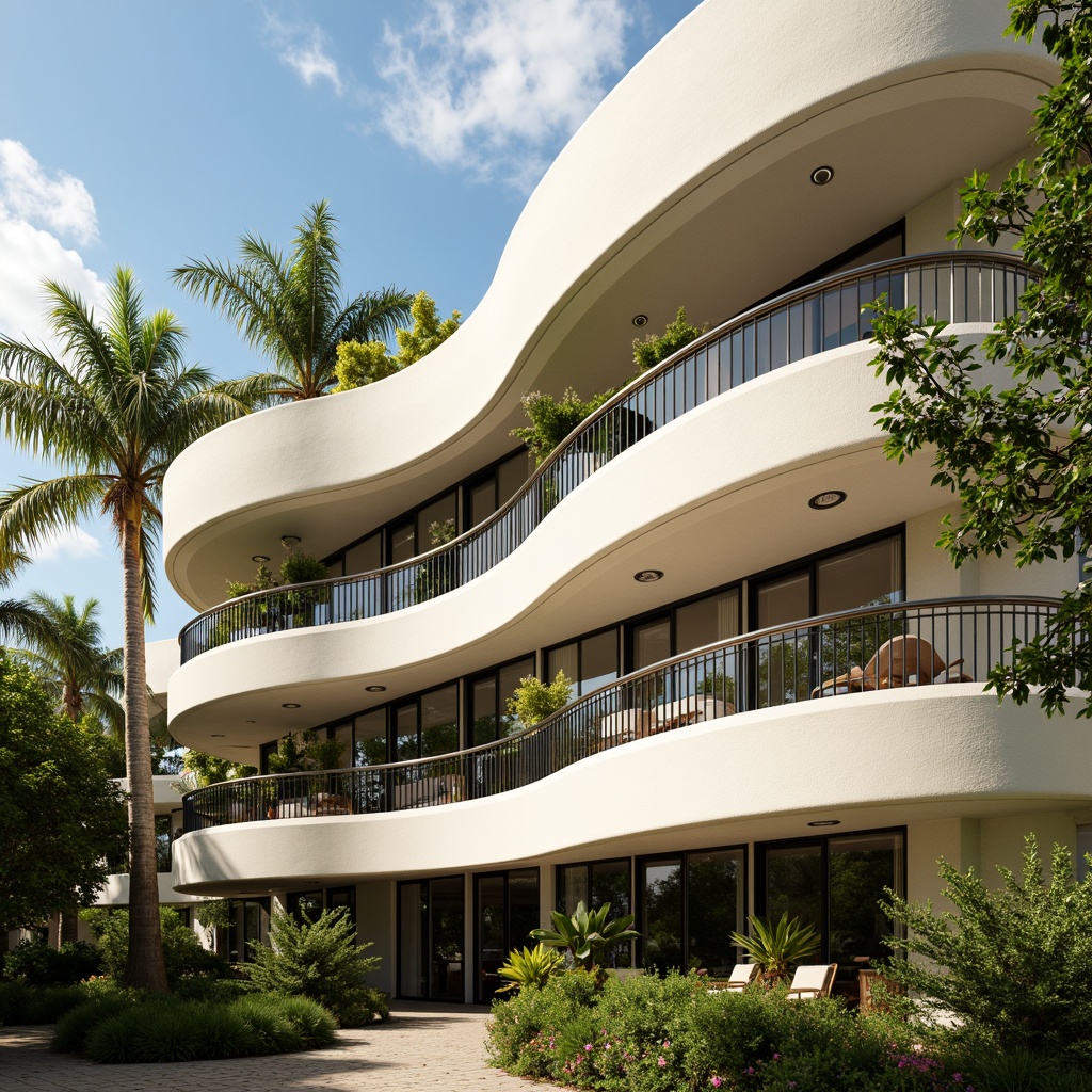 Prompt: Curved building facade, Art Deco inspirations, metallic materials, chrome accents, horizontal lines, rounded corners, minimalist ornamentation, cream-colored walls, large windows, sliding glass doors, Juliet balconies, ornate metal railings, lush greenery, tropical plants, sunny day, soft warm lighting, shallow depth of field, 3/4 composition, panoramic view, realistic textures, ambient occlusion.