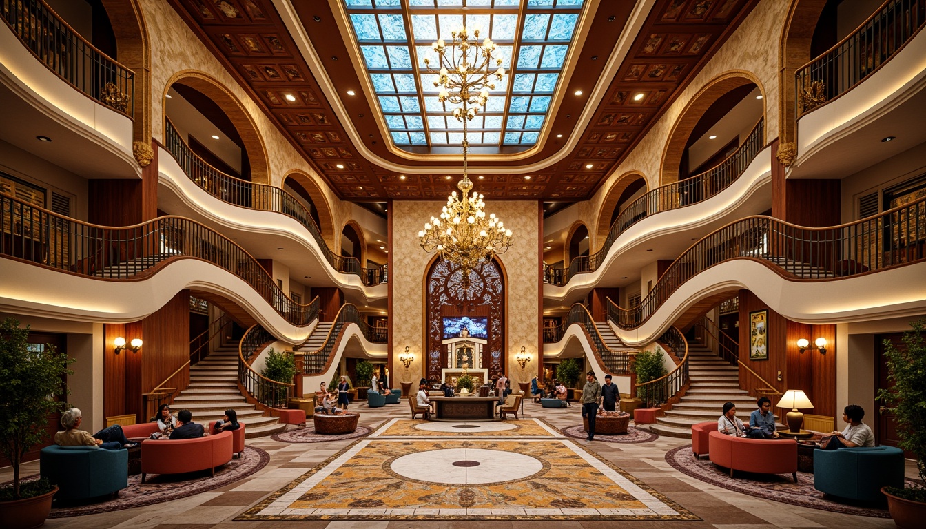 Prompt: Luxurious casino interior, ornate detailing, flowing curves, organic forms, intricate patterns, vibrant colors, golden accents, lavish furnishings, grand chandeliers, marble columns, sweeping staircases, ornamental railings, decorative screens, carved wooden panels, stained glass ceilings, mosaic floors, soft warm lighting, dramatic shadows, shallow depth of field, 1/1 composition, realistic textures, ambient occlusion.