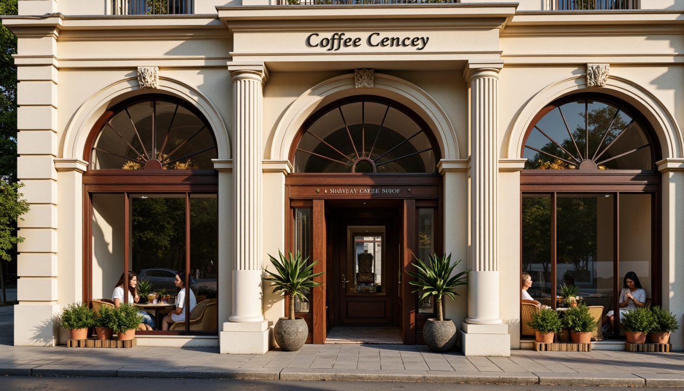 Prompt: Elegant coffee shop facade, neoclassical architecture style, symmetrical composition, ornate details, grand entrance, arched windows, Corinthian columns, cream-colored stone walls, subtle rustication, decorative pilasters, ornamental pediment, rich wood accents, bronze door handles, vintage-inspired signage, soft warm lighting, inviting atmosphere, urban street context, morning sunlight, shallow depth of field, 1/2 composition, realistic textures, ambient occlusion.