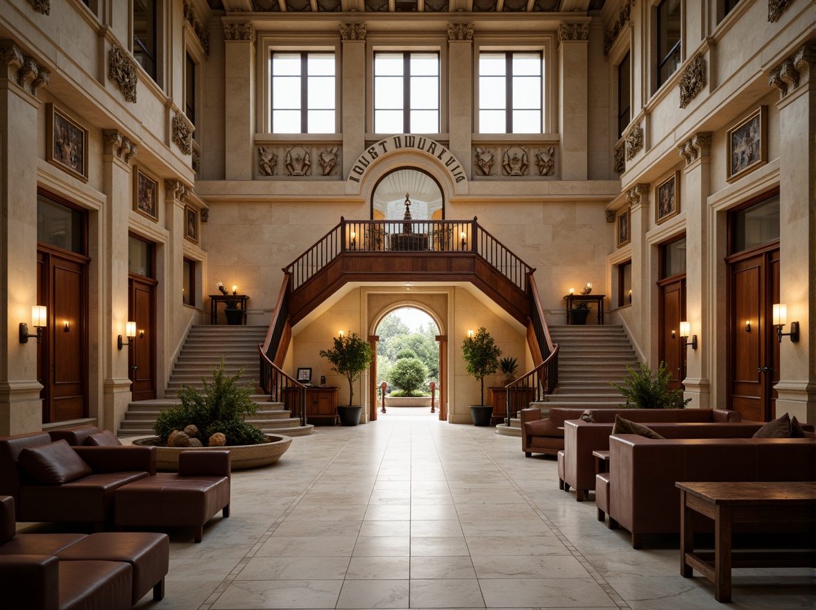 Prompt: Historic courthouse building, neoclassical architecture, grand entrance, ornate details, beige stone walls, wooden accents, formal atmosphere, natural light pouring in, high ceilings, marble floors, majestic staircase, solemn tone, muted color palette, earthy tones, brown wooden furniture, leather upholstery, subtle patterns, classic typography, neutral background, soft warm lighting, shallow depth of field, 1/2 composition, realistic textures, ambient occlusion.