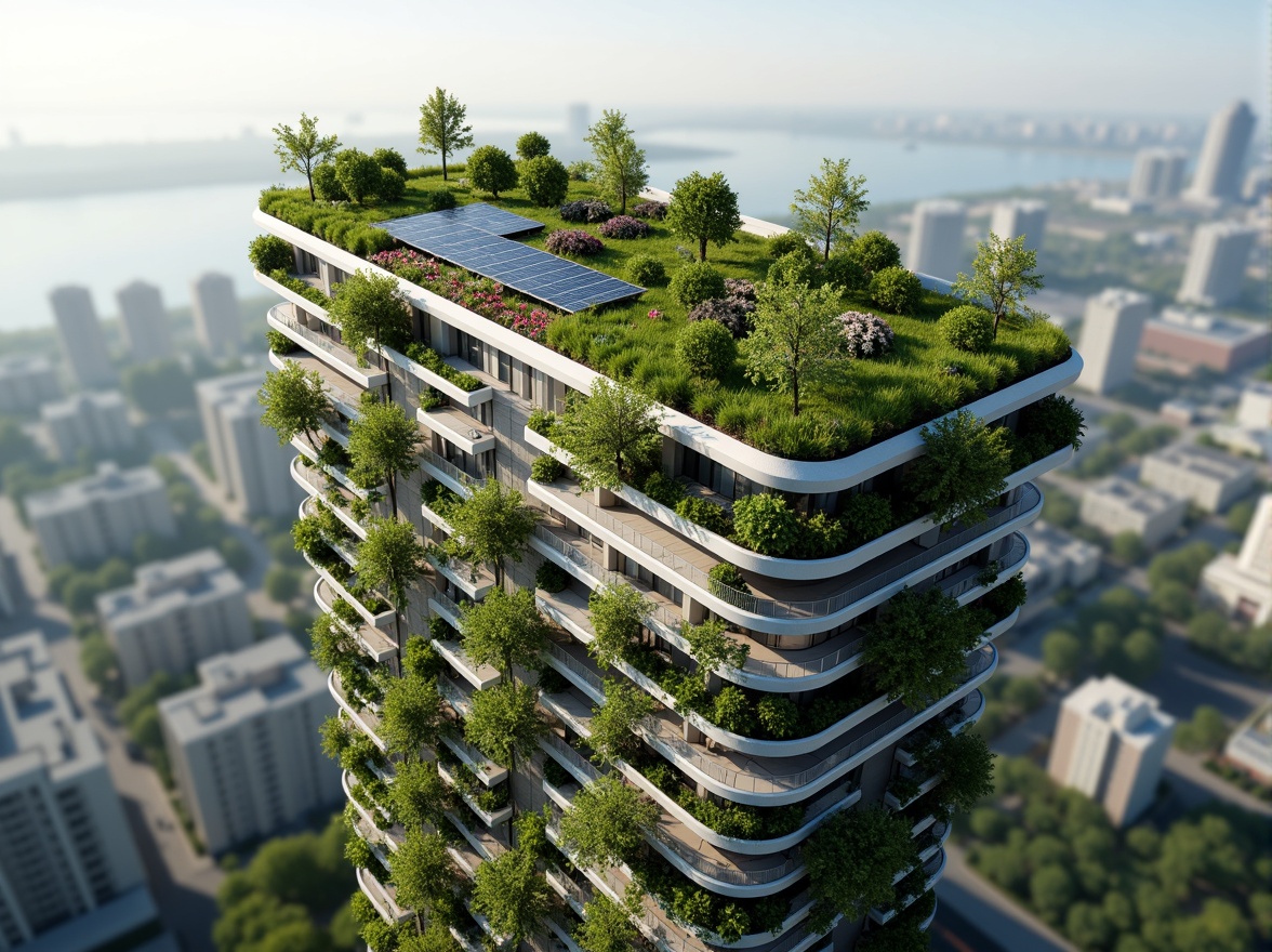 Prompt: Eco-friendly skyscraper, verdant rooftop gardens, solar panels, wind turbines, green walls, recycled materials, minimalist design, natural ventilation systems, rainwater harvesting, grey water reuse, energy-efficient glazing, low-carbon footprint, futuristic fa\u00e7ade, parametric architecture, organic shapes, living walls, bioluminescent lighting, ambient occlusion, shallow depth of field, 3/4 composition, panoramic view, realistic textures.