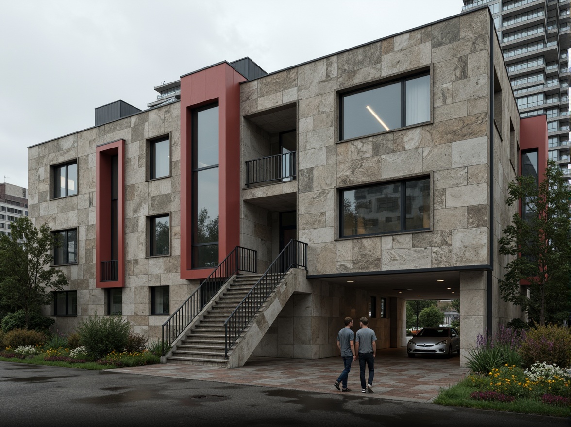 Prompt: Rugged high school facade, brutalist architecture, raw concrete textures, geometric shapes, industrial metal accents, bold color blocking, abstract patterns, natural stone walls, asymmetrical compositions, dramatic shadows, harsh overhead lighting, urban cityscape background, gloomy overcast sky, 3/4 composition, shallow depth of field, realistic renderings.