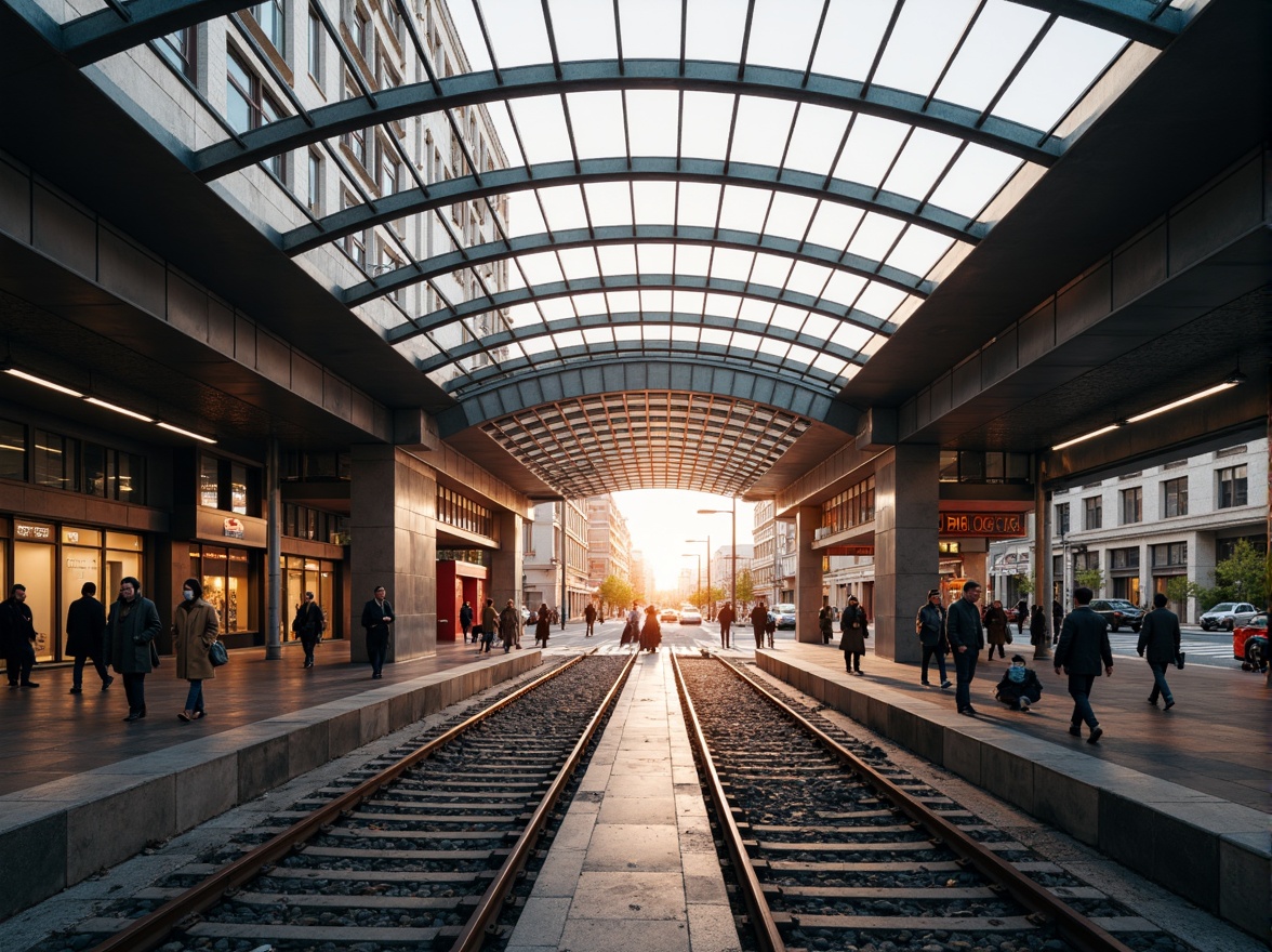 Prompt: Sleek train station, curved lines, metallic materials, reflective glass fa\u00e7ade, minimalist modern design, streamlined architecture, urban cityscape, busy street scene, morning rush hour, warm golden lighting, shallow depth of field, 1/2 composition, symmetrical framing, vibrant colorful accents, geometric patterns, industrial chic textures, ambient occlusion.