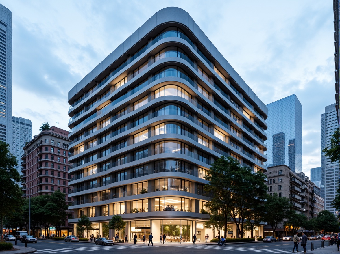 Prompt: Curved building facade, streamline moderne style, metallic materials, silver chrome accents, rounded edges, horizontal lines, minimalist ornamentation, large glass windows, sliding doors, cantilevered balconies, urban cityscape, busy streets, modern skyscrapers, cloudy blue sky, soft natural lighting, 1/1 composition, symmetrical framing, high contrast ratio, detailed textures, ambient occlusion.