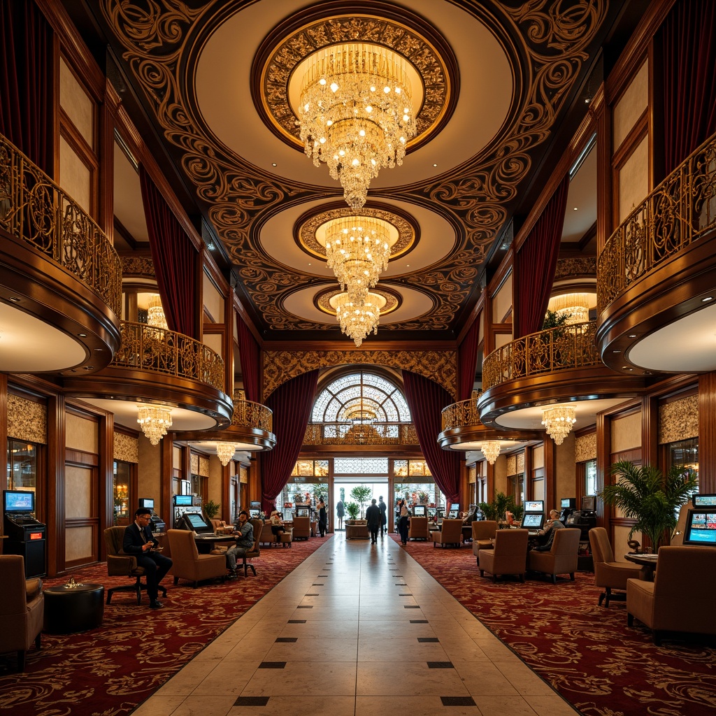 Prompt: Luxurious casino interior, ornate Art Nouveau detailing, intricate ironwork, flowing organic lines, sinuous curves, grandiose chandeliers, lavish furnishings, rich velvet drapes, gilded accents, shimmering crystal, opulent marble floors, frescoed ceilings, stained glass windows, soft warm lighting, shallow depth of field, 1/1 composition, ornate moldings, carved wooden paneling, plush carpets, elegant staircases, grand entrance halls, dramatic archways.