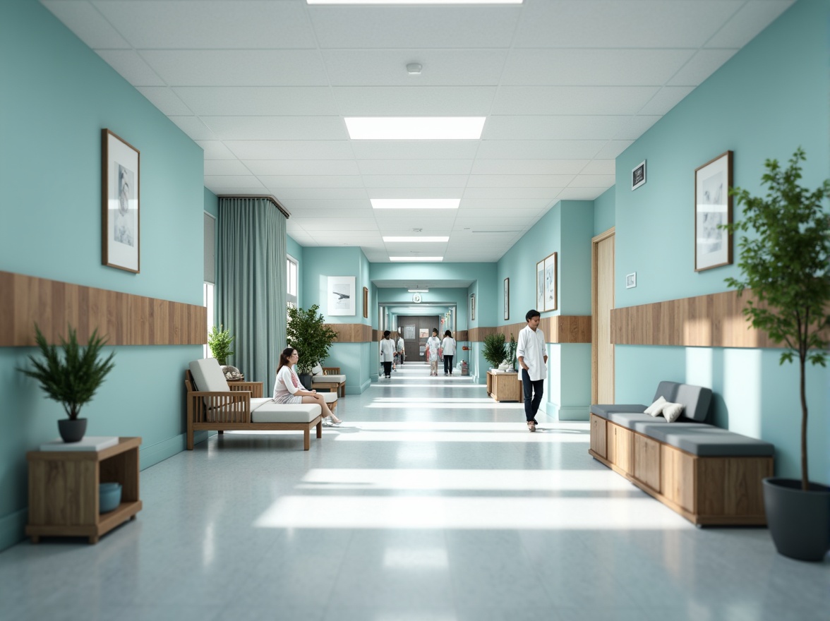 Prompt: Soothing hospital corridor, powder blue walls, calming atmosphere, gentle lighting, comfortable seating areas, natural wood accents, minimalist decor, soft pastel colors, serene patient rooms, elegant nurse stations, subtle texture contrasts, shallow depth of field, 1/1 composition, realistic renderings, ambient occlusion.