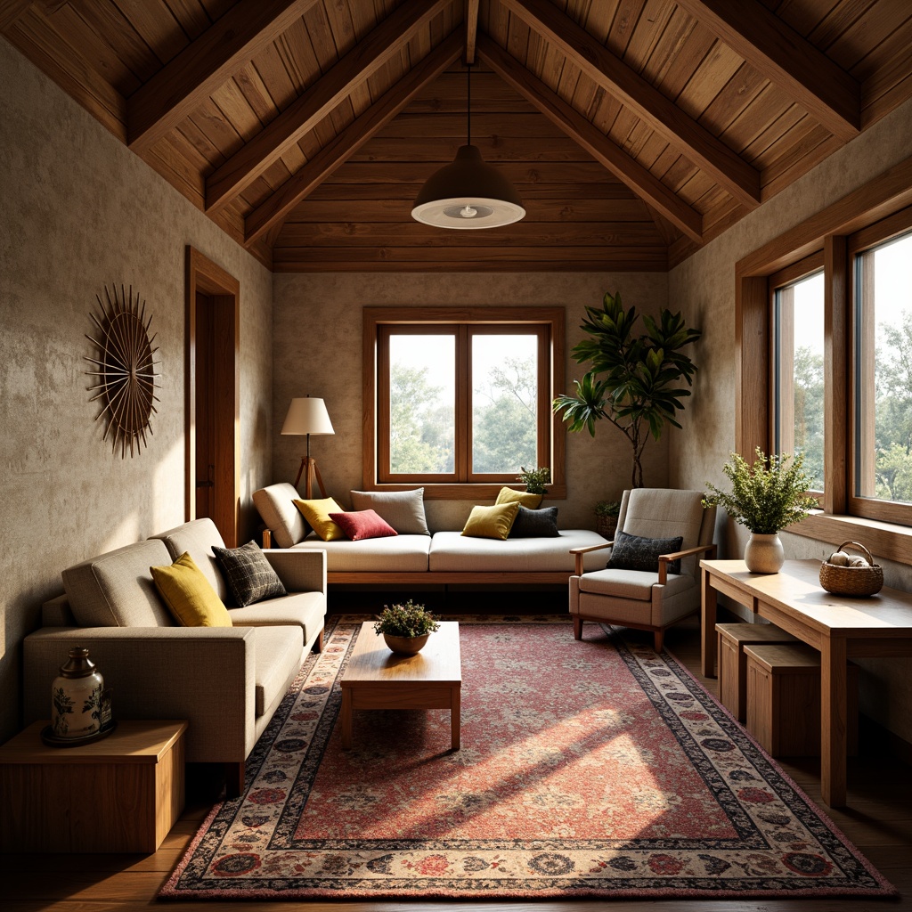 Prompt: Cozy dormitory interior, natural wood accents, earthy color palette, plush textiles, comfortable seating areas, rustic wooden furniture, traditional vernacular architecture, pitched roofs, exposed brick walls, large windows, soft warm lighting, shallow depth of field, 3/4 composition, realistic textures, ambient occlusion, peaceful atmosphere, serene ambiance, private study nooks, communal lounge spaces, eclectic decorative items, vibrant patterned rugs, cultural heritage influences.