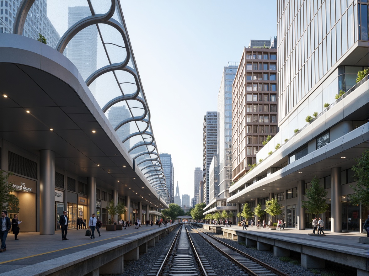 Prompt: Curved aerodynamic fa\u00e7ade, metallic silver cladding, sleek horizontal lines, minimalist modern architecture, large cantilevered roofs, transparent glass canopies, futuristic LED lighting, dynamic angular shapes, high-speed rail networks, bustling transportation hubs, urban cityscapes, morning rush hour atmosphere, soft diffused natural light, shallow depth of field, 2/3 composition, symmetrical framing, realistic metallic reflections, ambient occlusion.