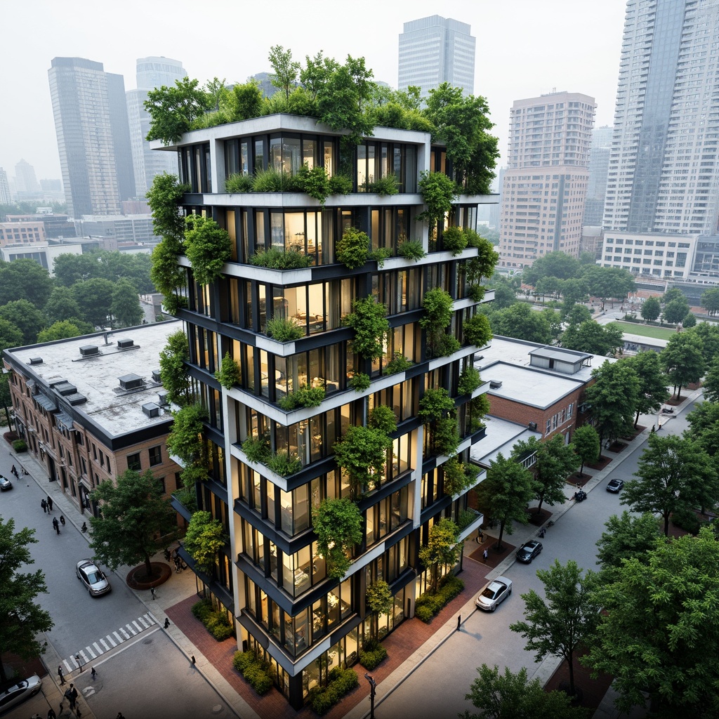 Prompt: Eco-friendly skyscraper, lush green roofs, vertical gardens, solar panels, wind turbines, rainwater harvesting systems, recycled materials, minimalist design, angular lines, sleek metal fa\u00e7ades, floor-to-ceiling windows, natural ventilation systems, energy-efficient lighting, ambient occlusion, shallow depth of field, 3/4 composition, panoramic view, realistic textures, soft warm lighting, modern urban landscape, bustling city streets, vibrant cultural atmosphere.