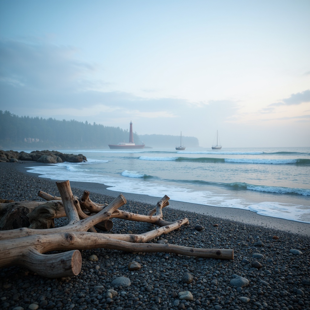 Prompt: \Calm oceanic ambiance, soft blue mist, gentle wave patterns, serene beachside scenery, weathered driftwood, pebbled shores, crystal clear waters, sailboat silhouettes, lighthouse structures, nautical ropes, distressed wooden accents, sea salt textures, foggy morning light, warm golden hour, shallow depth of field, 1/1 composition, realistic atmospheric effects, subtle chromatic aberration.\