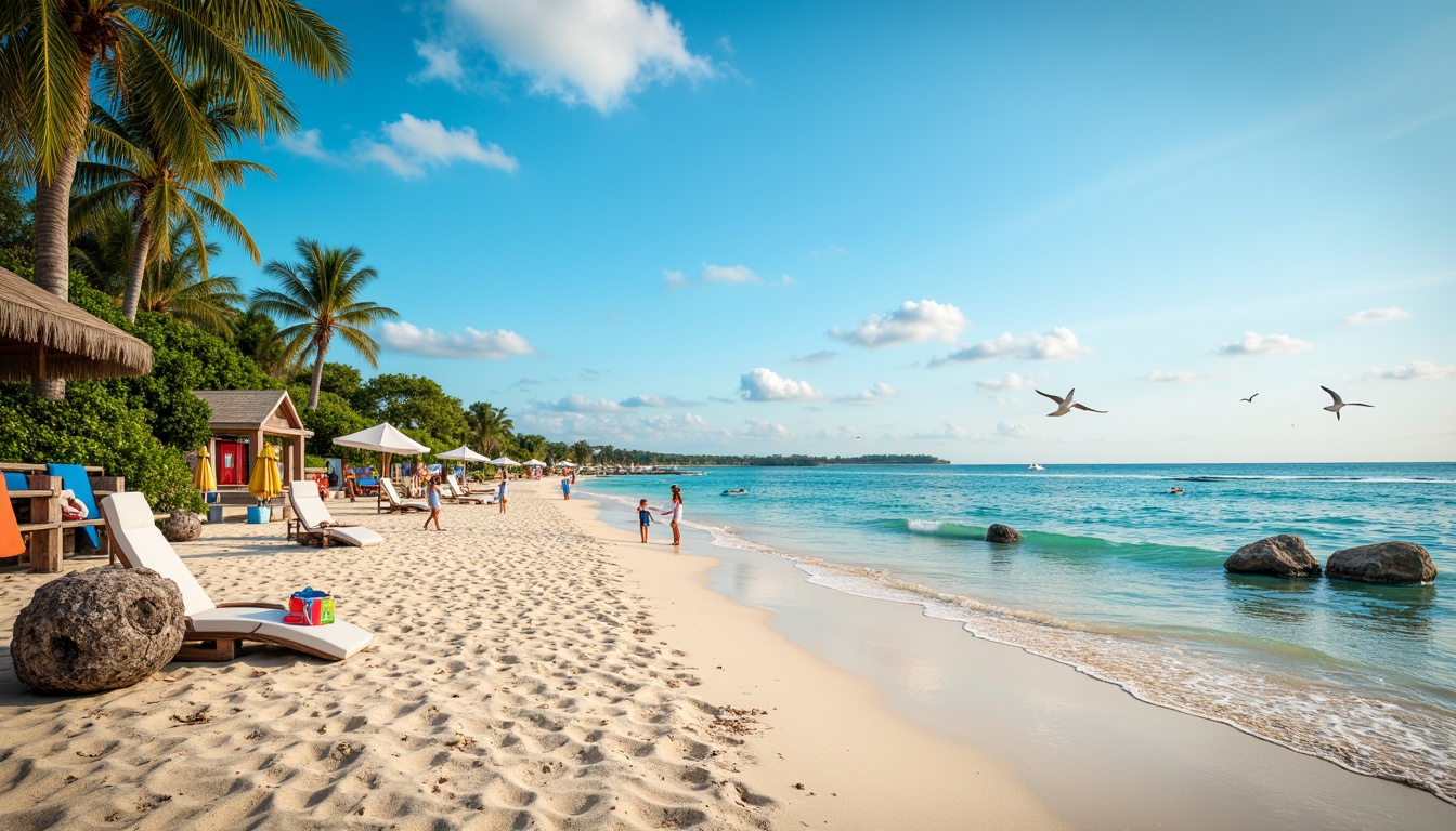 Prompt: Warm sandy beach, turquoise ocean waves, clear blue sky, seagulls flying overhead, driftwood sculptures, beach towels, colorful umbrellas, sailboats, lifeguard stations, weathered wooden piers, nautical ropes, coral reefs, schools of fish, sunlight reflections, gentle sea breeze, soft warm lighting, shallow depth of field, 2/3 composition, natural textures, atmospheric perspective.