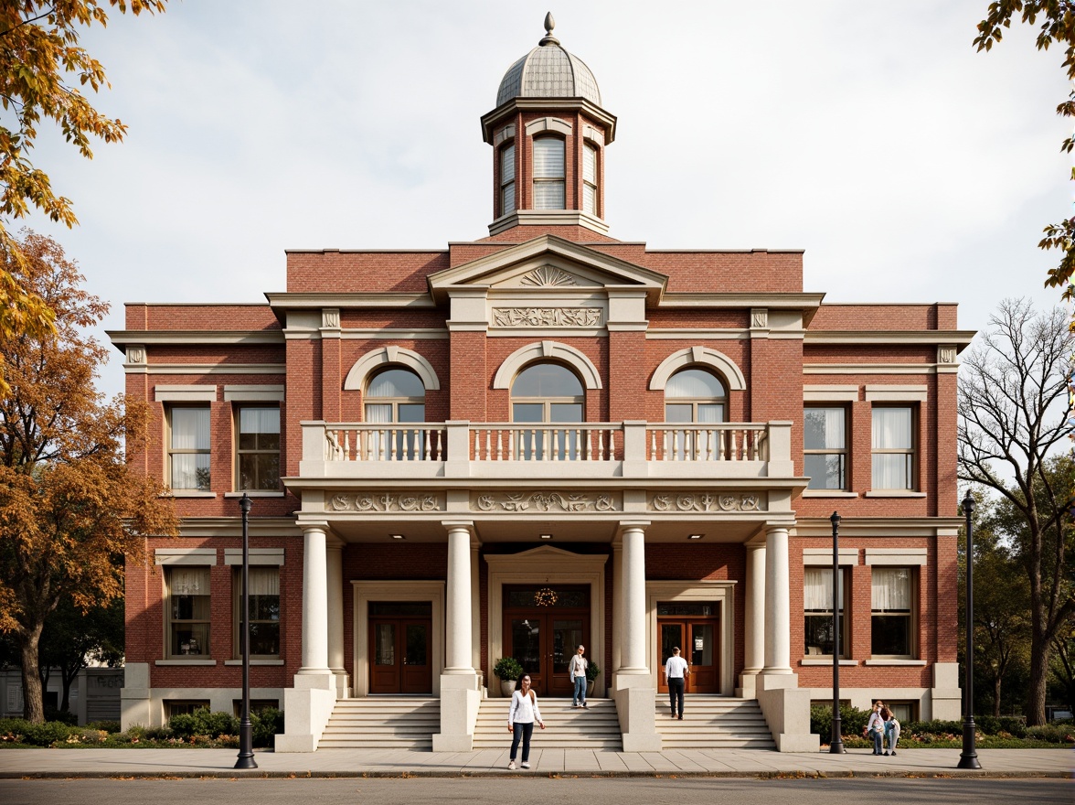 Prompt: Historic courthouse building, neoclassical facade, grand entrance, ornate columns, carved stonework, symmetrical composition, clock tower, dome-shaped roof, traditional American architecture, red brick exterior, white marble accents, decorative friezes, intricate moldings, stained glass windows, solemn atmosphere, natural light pouring in, warm beige tones, shallow depth of field, 1/2 composition, slight angle view, realistic textures, ambient occlusion.