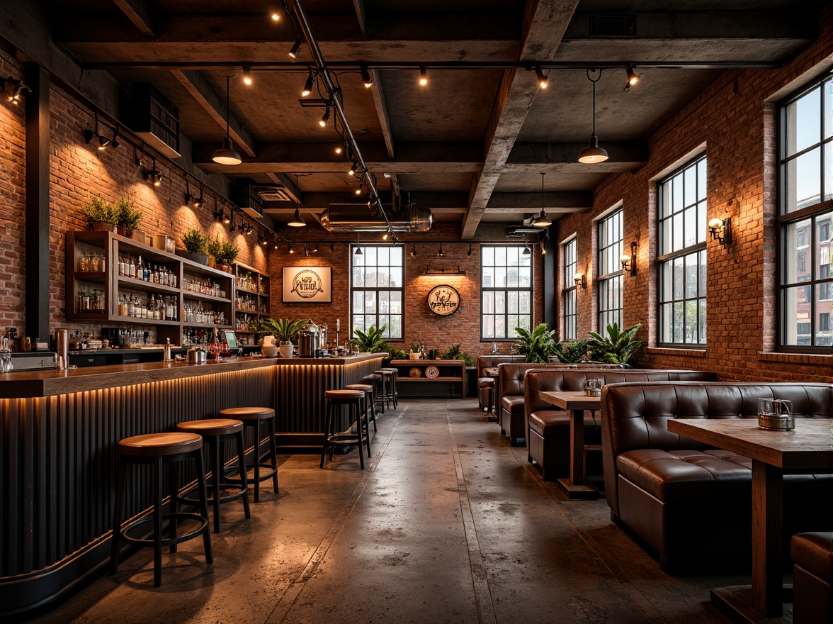 Prompt: Rustic industrial bar, exposed brick walls, metallic beams, reclaimed wood accents, distressed concrete floors, vintage factory windows, Edison bulb lighting, rich leather upholstery, ornate metalwork details, bold typography signage, urban cityscape views, warm golden hour lighting, shallow depth of field, 2/3 composition, gritty realistic textures, ambient occlusion.