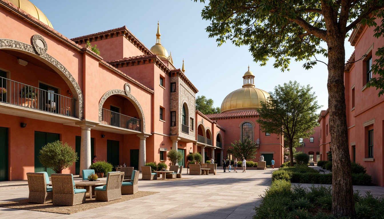 Prompt: Warm terracotta facades, ornate stone carvings, golden domes, intricate mosaics, rich turquoise accents, soft cream archways, rustic wooden doors, vibrant crimson roofs, ornamental ironwork, lush greenery, ancient olive trees, warm afternoon sunlight, soft warm lighting, shallow depth of field, 3/4 composition, realistic textures, ambient occlusion.