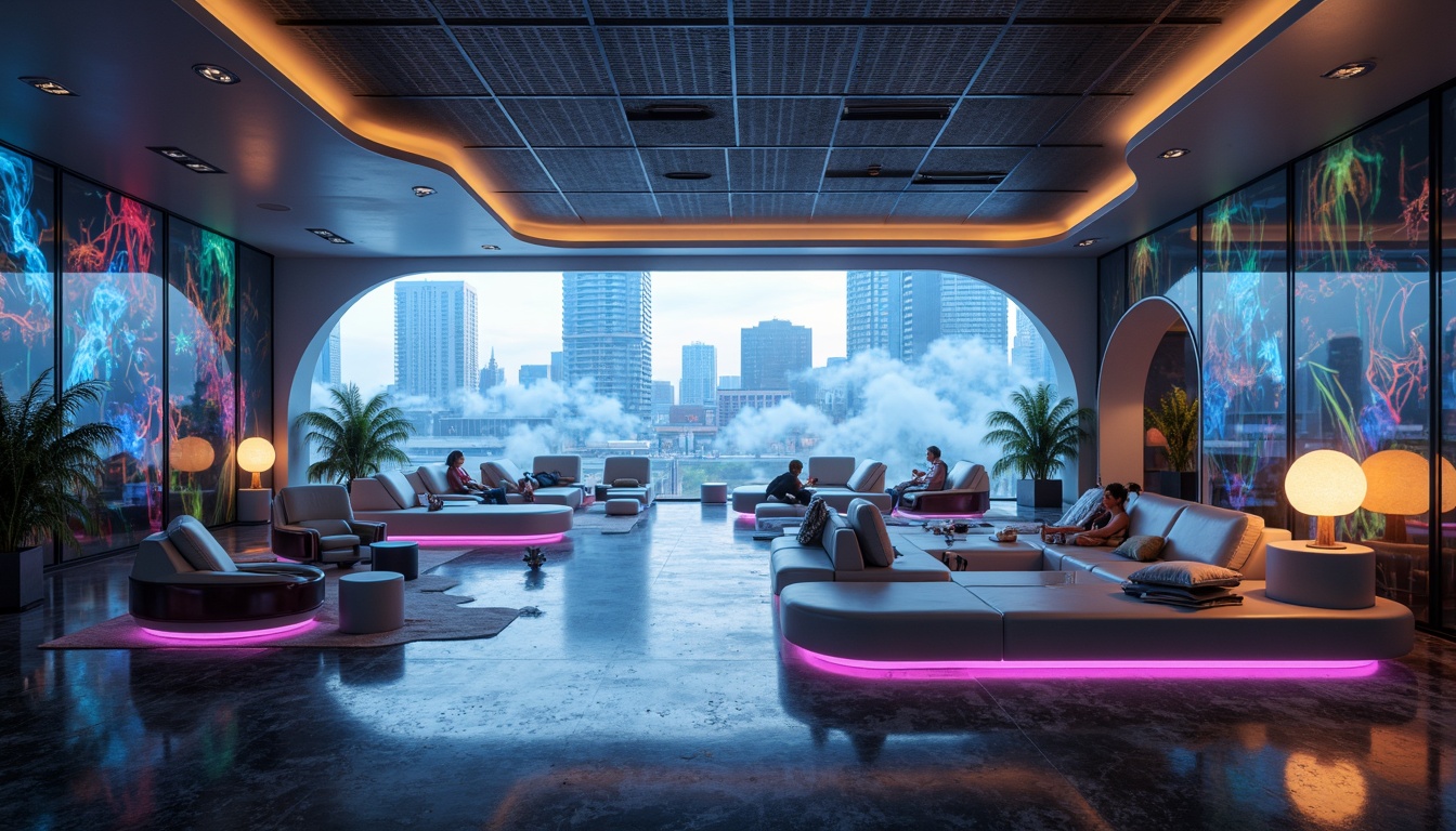 Prompt: Futuristic interior space, sleek metallic walls, neon-lit accents, holographic displays, minimalist furniture, curved lines, geometric patterns, ambient lighting, soft glowing orbs, levitating objects, zero-gravity atmosphere, virtual reality interfaces, cyberpunk-inspired decor, iridescent color schemes, high-tech gadgets, futuristic sculptures, abstract art pieces, atmospheric misting systems, panoramic cityscape views, 3/4 composition, shallow depth of field, realistic textures.