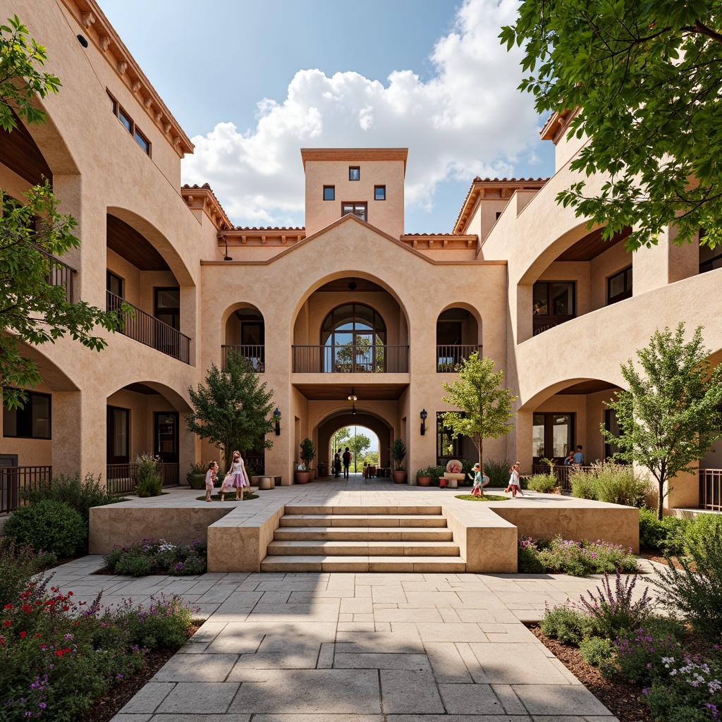 Prompt: Rustic elementary school building, Romanesque arches, warm beige stone walls, ornate carvings, grand entrance, heavy wooden doors, vibrant greenery, blooming flowers, playful playground equipment, colorful murals, educational signage, natural stone walkways, curved staircases, high ceilings, large windows, soft warm lighting, shallow depth of field, 3/4 composition, panoramic view, realistic textures, ambient occlusion.