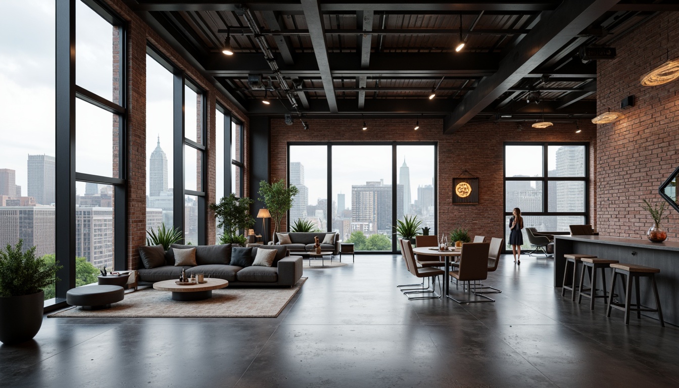 Prompt: Industrial chic loft, exposed brick walls, metal beams, polished concrete floors, sleek modern furniture, minimalist decor, neutral color palette, monochromatic tones, metallic accents, LED lighting, futuristic ambiance, high-tech gadgets, urban cityscape views, cloudy day, soft diffused light, shallow depth of field, 1/1 composition, realistic textures, ambient occlusion.