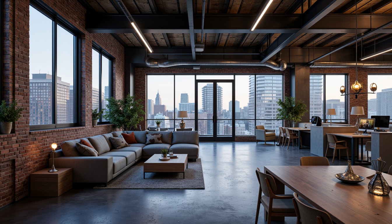 Prompt: Industrial chic loft, exposed brick walls, metal beams, polished concrete floors, minimalist decor, sleek lines, modern high-tech gadgets, futuristic lighting fixtures, neon accents, urban cityscape views, floor-to-ceiling windows, open-plan living areas, modular furniture, ergonomic seating, collaborative workspaces, virtual reality zones, 3D printing stations, smart home automation systems, ambient LED lighting, shallow depth of field, 2/3 composition, cinematic camera angles, realistic metallic textures, advanced particle simulations.