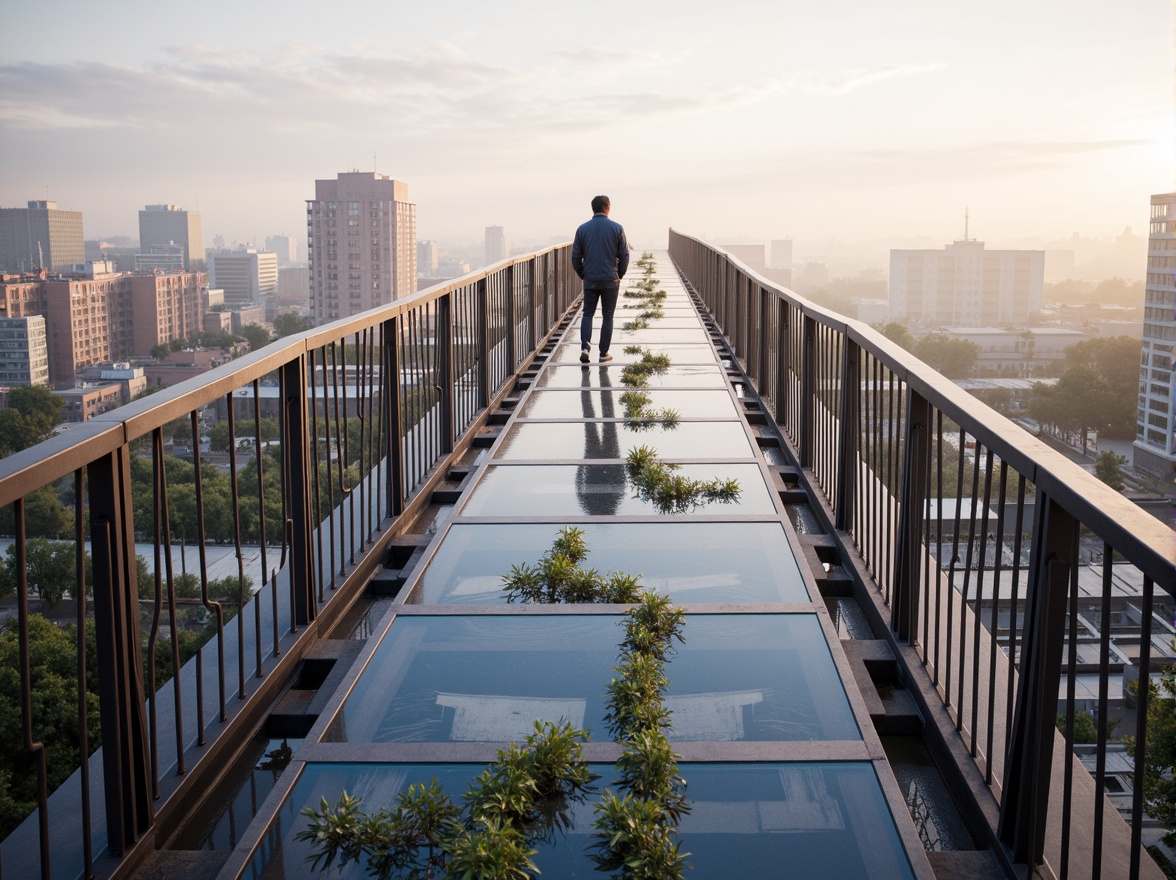 Prompt: Futuristic pedestrian bridge, sleek metal railings, translucent glass floors, LED lighting systems, dynamic structural lines, parametric design, sustainable materials, recycled steel components, durable concrete foundations, weather-resistant coatings, vibrant urban surroundings, bustling cityscape, morning fog, soft warm lighting, shallow depth of field, 3/4 composition, panoramic view, realistic textures, ambient occlusion.