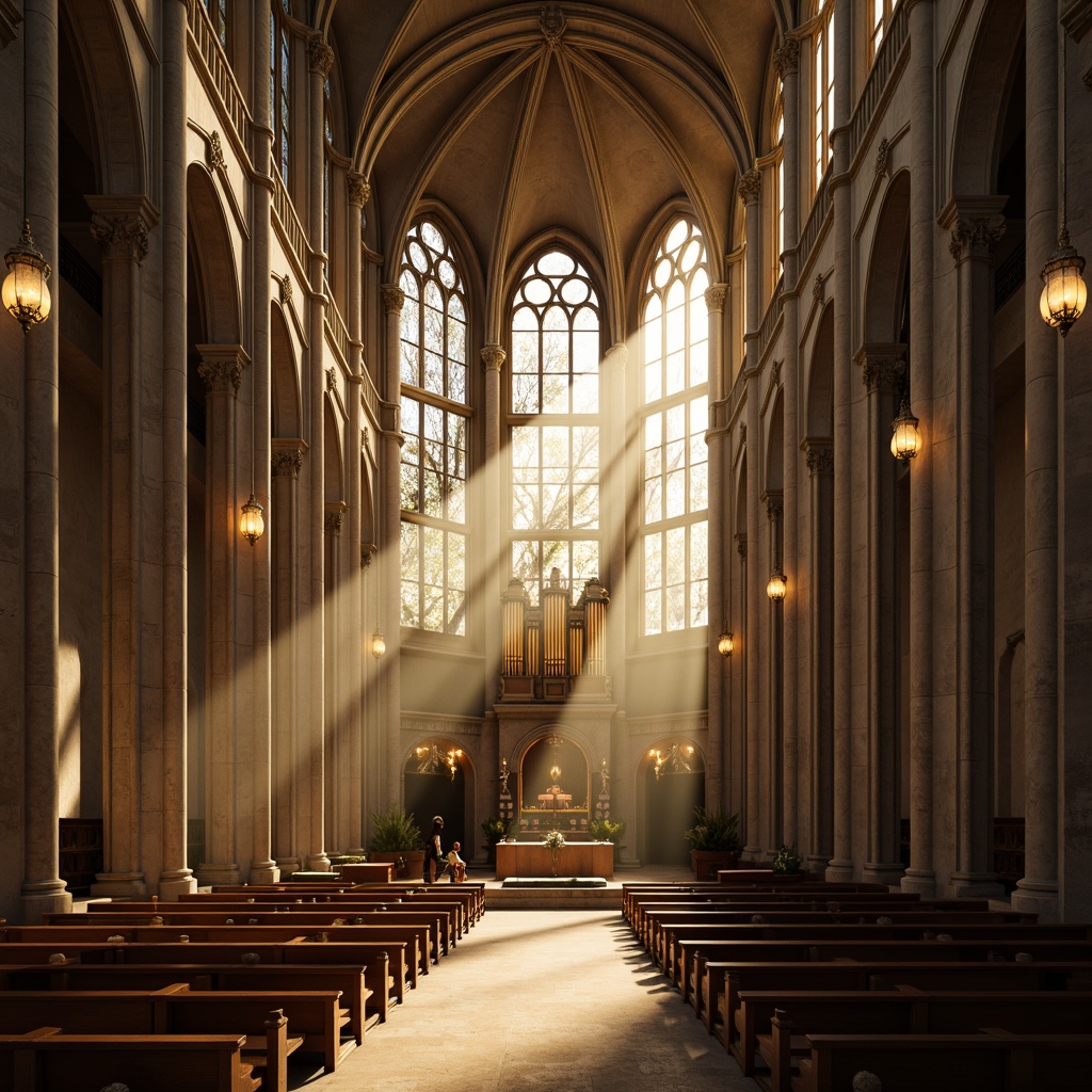 Prompt: Ethereal cathedral interior, stained glass windows, warm golden lighting, soft diffused illumination, dramatic beam of light, vaulted ceilings, ornate chandeliers, intricate stone carvings, majestic pipe organs, serene ambiance, peaceful atmosphere, subtle color temperature, gentle shadows, 1/1 composition, high contrast ratio, realistic reflections, ambient occlusion.