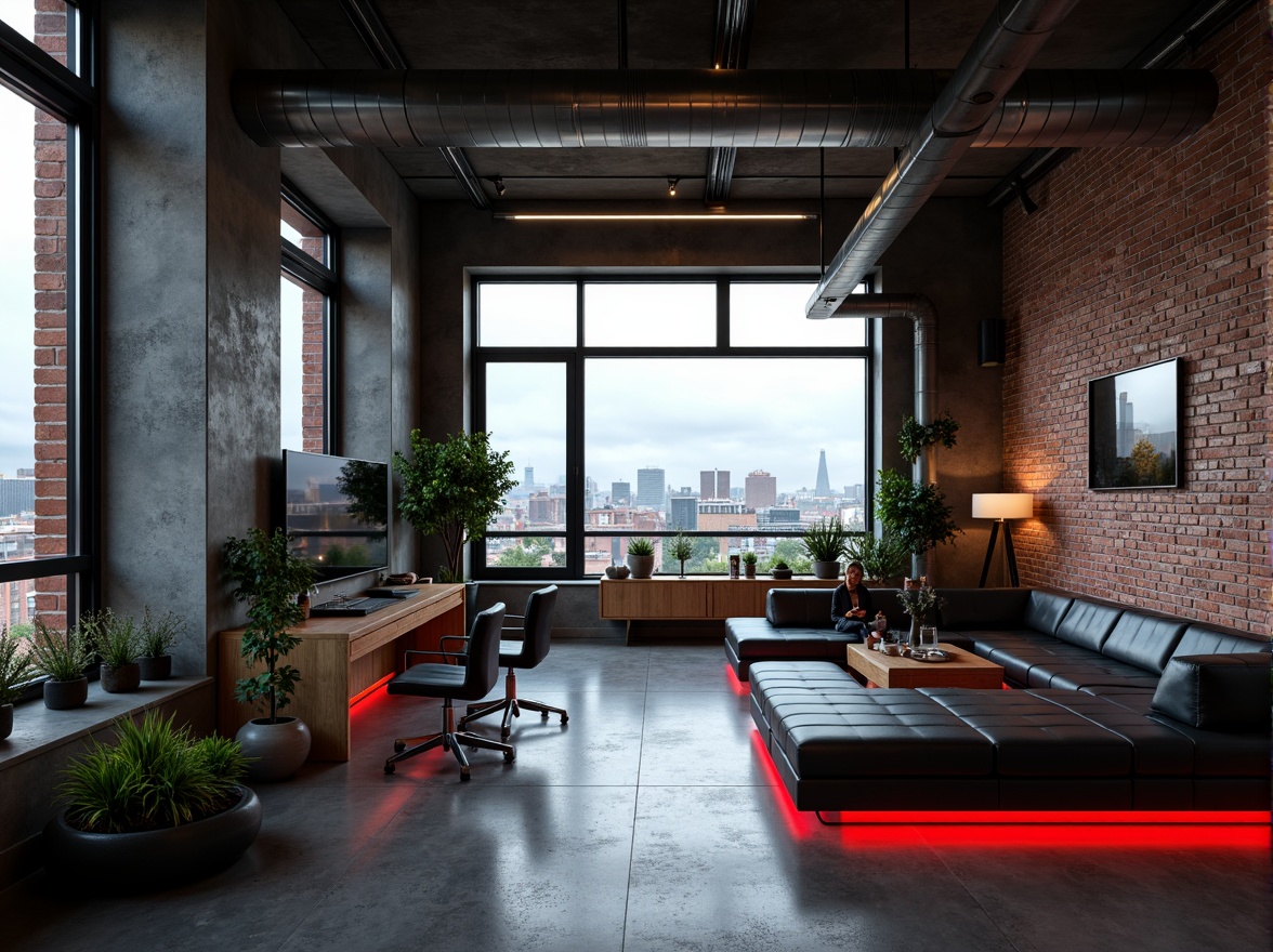 Prompt: Industrial chic loft, exposed brick walls, metal beams, polished concrete floors, sleek modern furniture, minimalist decor, high-tech gadgets, futuristic ambiance, neon accent lights, dark grey tones, rich wood accents, matte black surfaces, silver metallic finishes, bold red highlights, urban cityscape views, cloudy day, soft diffused lighting, shallow depth of field, 1/1 composition, realistic textures, ambient occlusion.