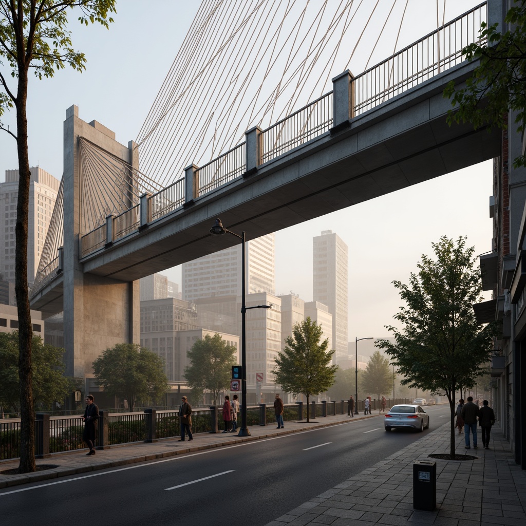 Prompt: Rustic vehicular bridge, steel arches, suspension cables, concrete piers, asphalt roadways, metallic railings, urban cityscape, misty morning fog, soft warm lighting, shallow depth of field, 1/1 composition, realistic textures, ambient occlusion, structural beams, load-bearing columns, reinforced concrete foundations, drainage systems, waterproof coatings, anti-corrosion treatments, safety barriers, pedestrian walkways, scenic overlooks.