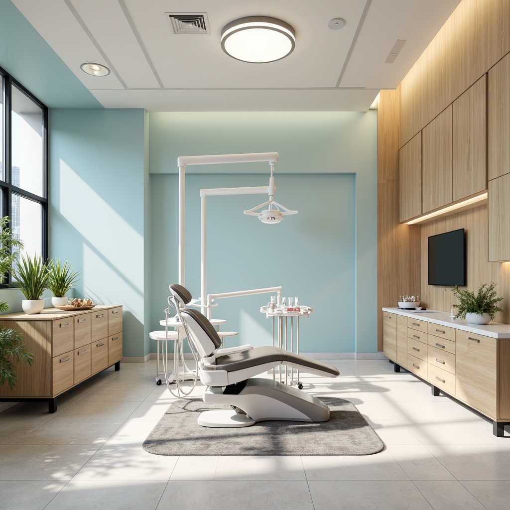 Prompt: Calming dental clinic atmosphere, soft pastel colors, gentle blue hues, creamy whites, warm beige tones, natural wood accents, subtle texture patterns, modern minimalist design, sleek metal equipment, sterile glass surfaces, calming ambient lighting, shallow depth of field, 1/1 composition, realistic renderings, ambient occlusion.