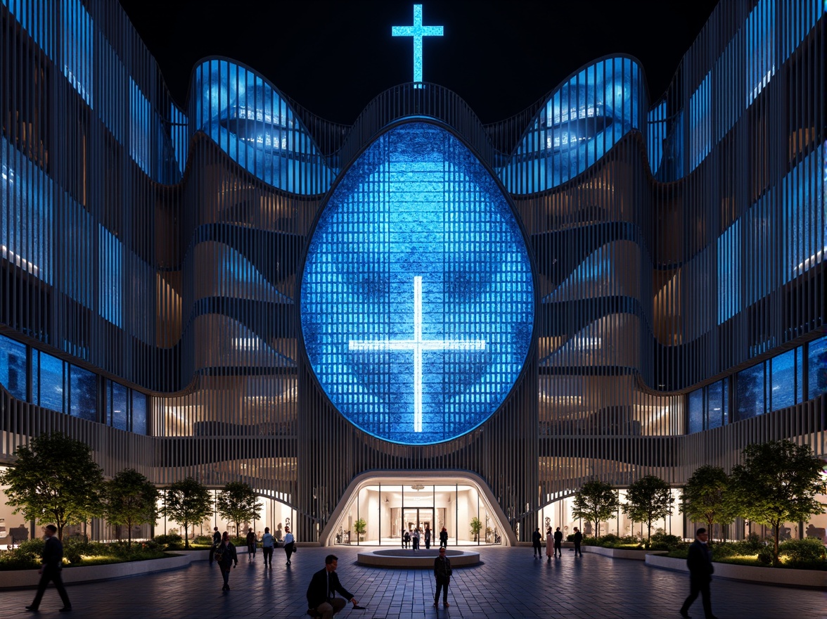 Prompt: Futuristic church facade, neon-lit crosses, iridescent stained glass windows, holographic projections, metallic mesh exteriors, parametric architecture, undulating curves, glowing LED accents, cantilevered roofs, angular lines, minimalist ornamentation, sustainable energy harvesting systems, solar panels, wind turbines, water conservation systems, green roofs, eco-friendly materials, innovative cooling technologies, shaded outdoor spaces, misting systems, futuristic sculptures, vibrant colorful textiles, intricate geometric motifs, 3/4 composition, panoramic view, realistic textures, ambient occlusion.